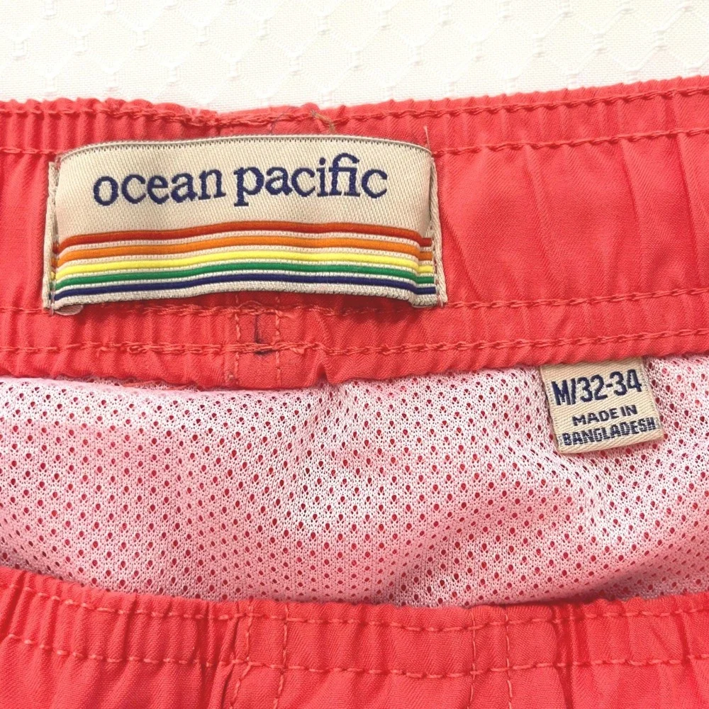 Ocean Pacific OP Mens Swim Shorts‎ M/32-34 Coral Side Stripes Mesh Lined Trunks